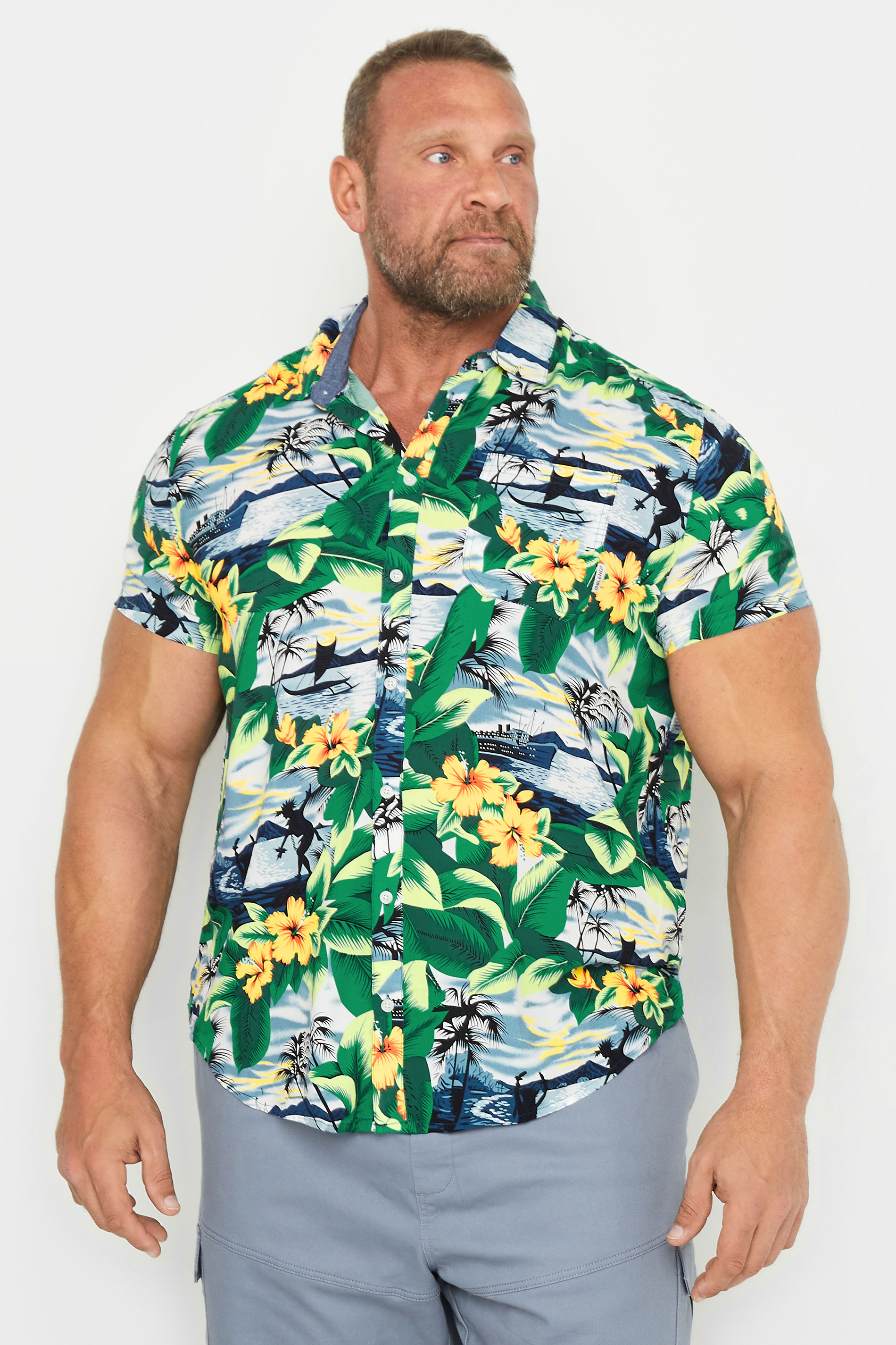 Blend BLEND Big & Tall Yellow & Blue Beach Print Short Sleeve Shirt