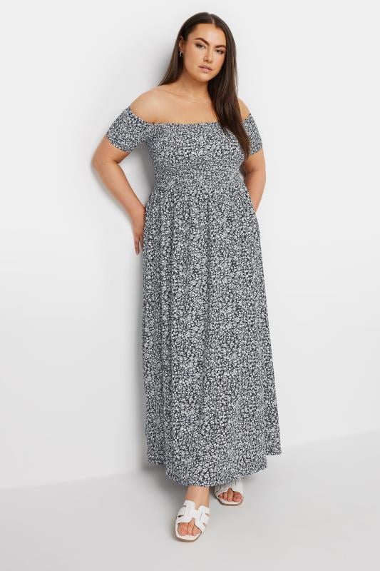 Yours YOURS Curve Navy Blue Floral Print Bardot Midaxi Dress