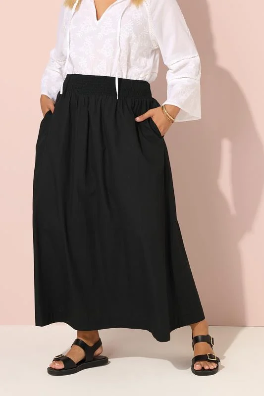Yours YOURS Curve Black Poplin Shirred Waist Maxi Skirt