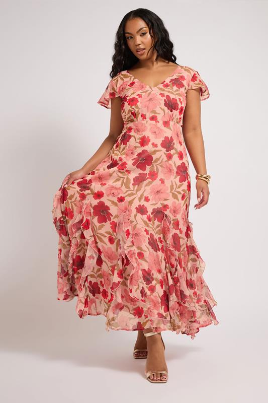 Yours London YOURS LONDON Curve Pink Floral Print Ruffle Godet Hem Maxi Dress