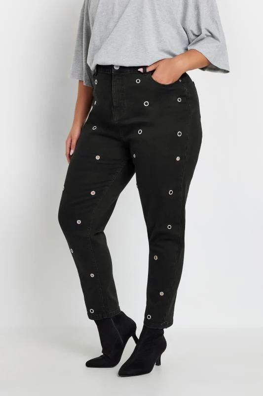 Yours YOURS Curve Black Eyelet Detail Mom Jeans