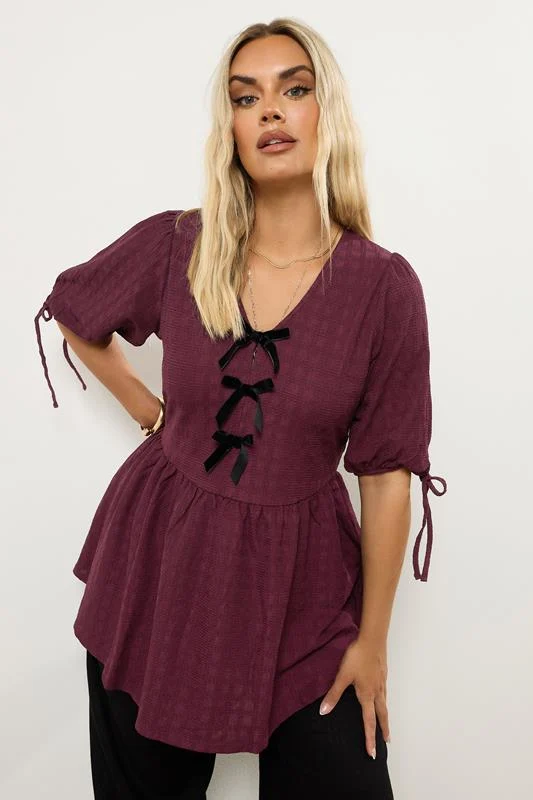 Yours YOURS Curve Burgundy Red Textured Bow Tie Front Top