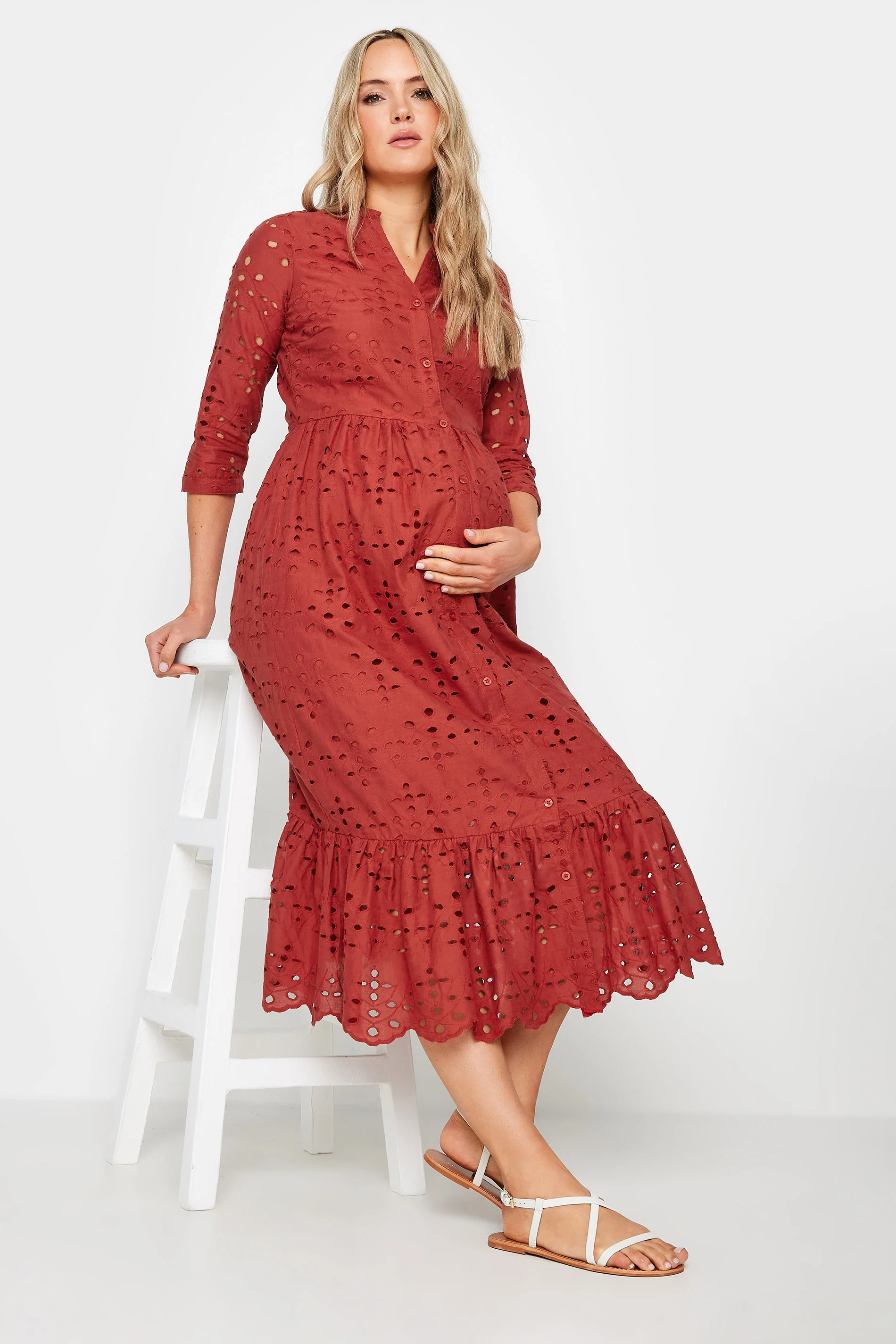 LTS LTS Tall Maternity Rust Orange Broderie Anglaise Midi Dress