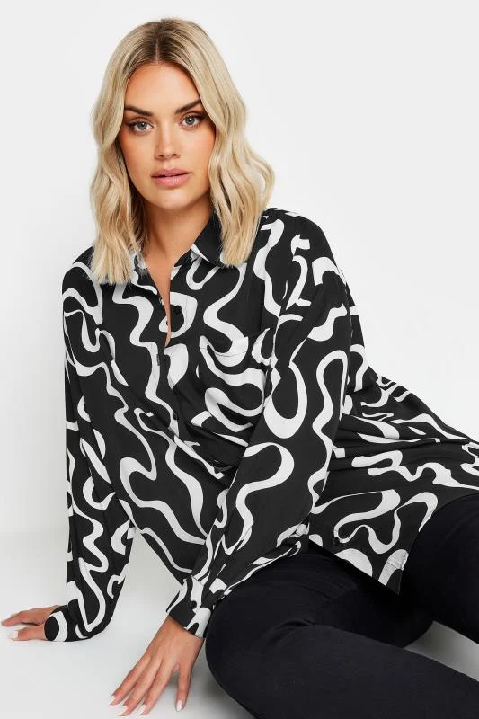 Yours YOURS Curve Black & White Abstract Squiggle Print Oversized Shirt