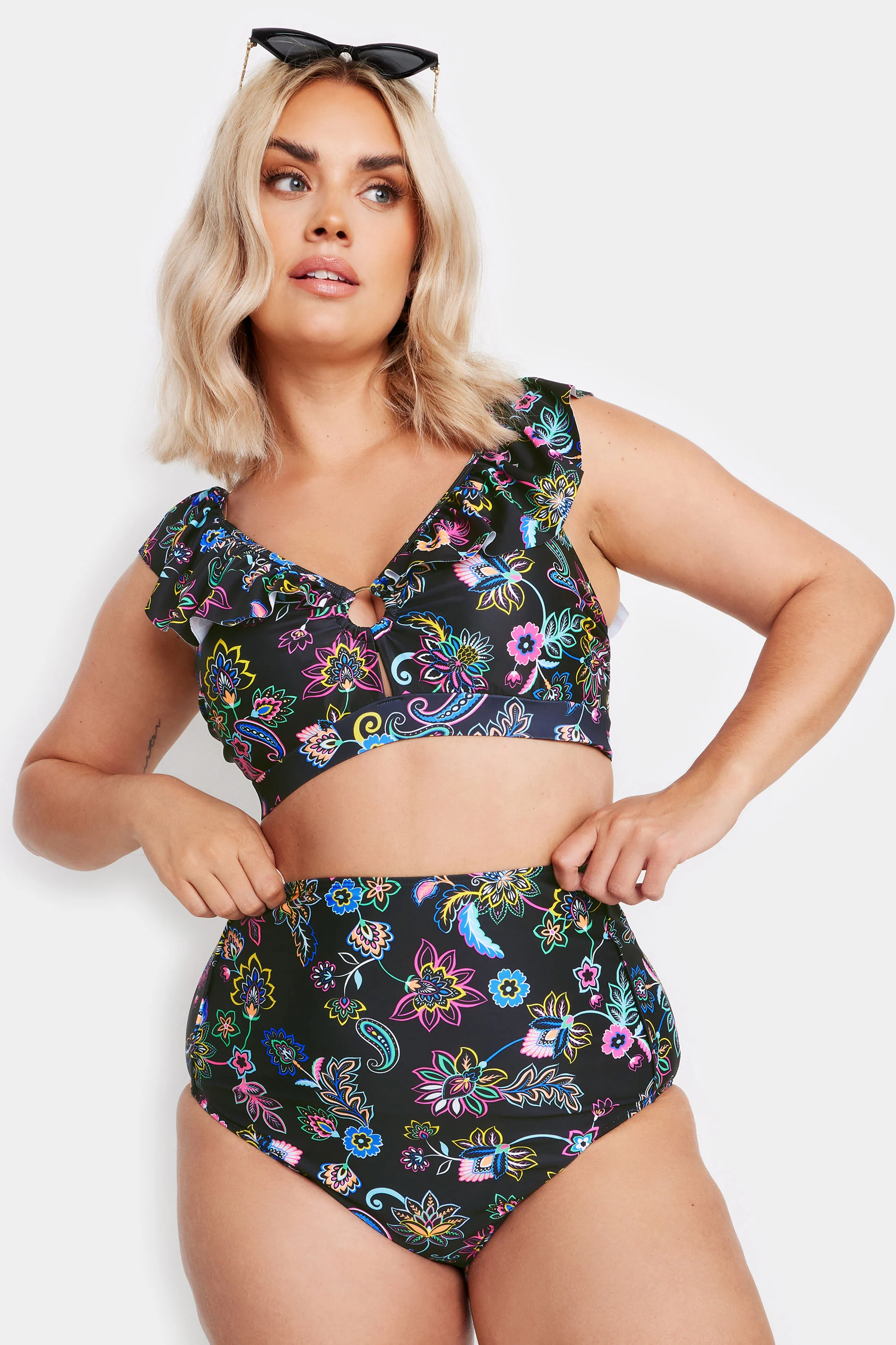Yours YOURS Curve Black Paisley Print Frill Bikini Top