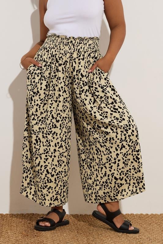 Yours YOURS Curve Natural Brown Leopard Print Shirred Midaxi Culottes