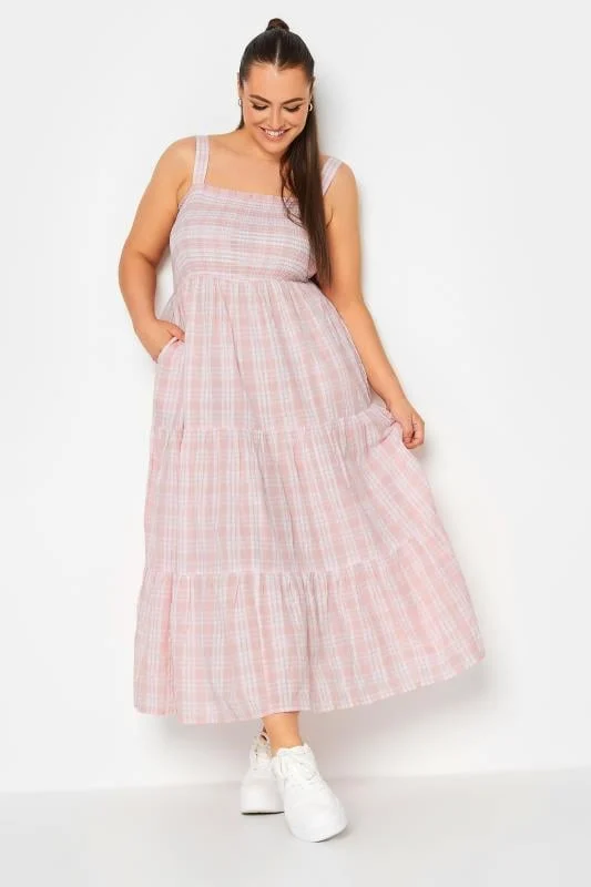 Yours YOURS Curve Pink Check Print Shirred Strappy Sundress