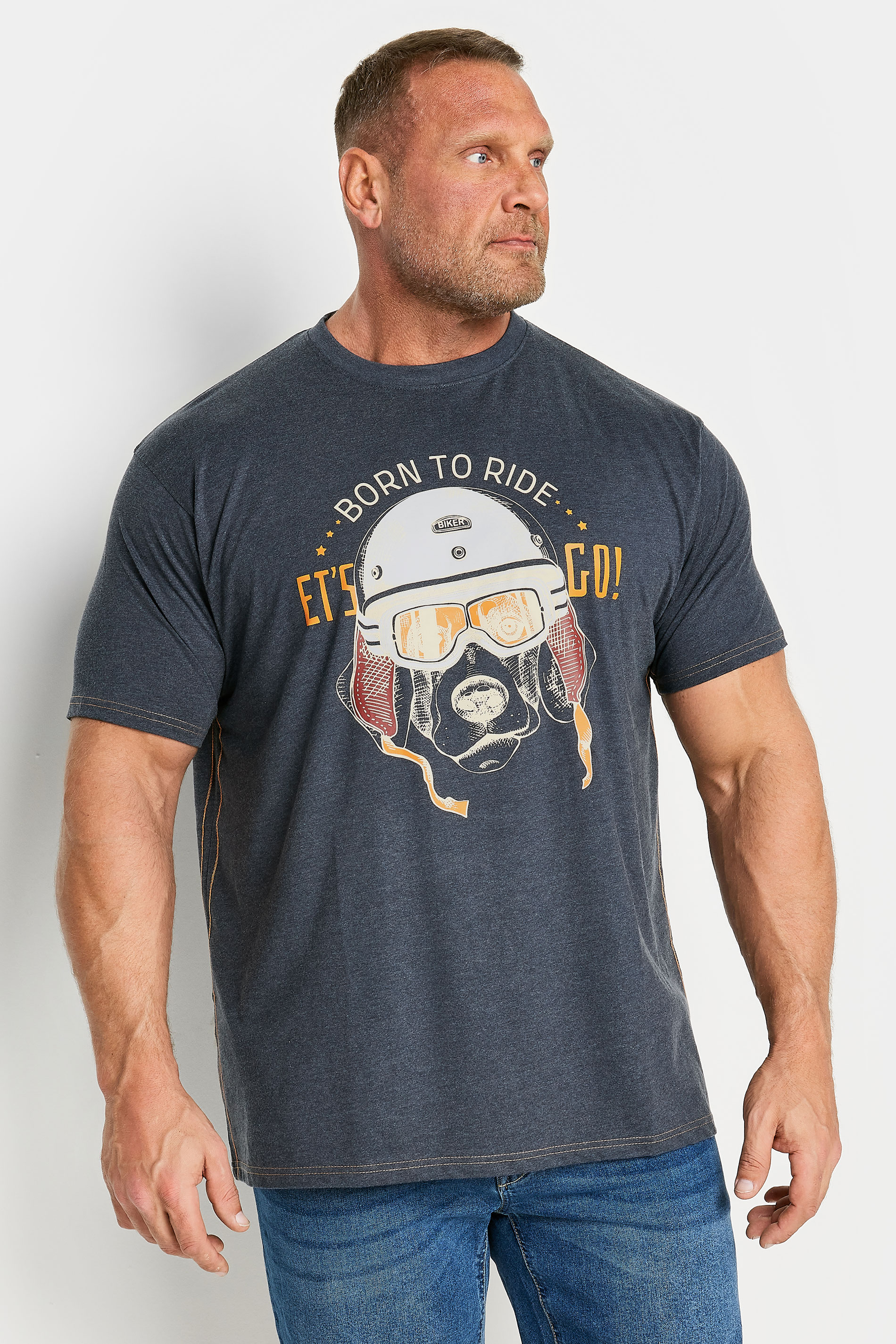 Kam KAM Big & Tall Indigo Blue Marl 'Born to Ride' Print T-Shirt