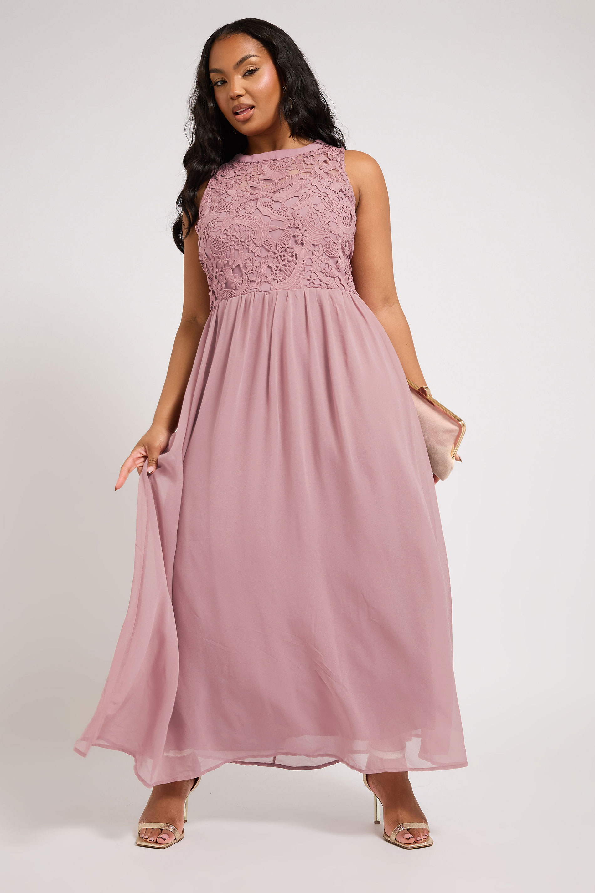 Yours London YOURS LONDON Curve Pink Lace Front Chiffon Maxi Dress