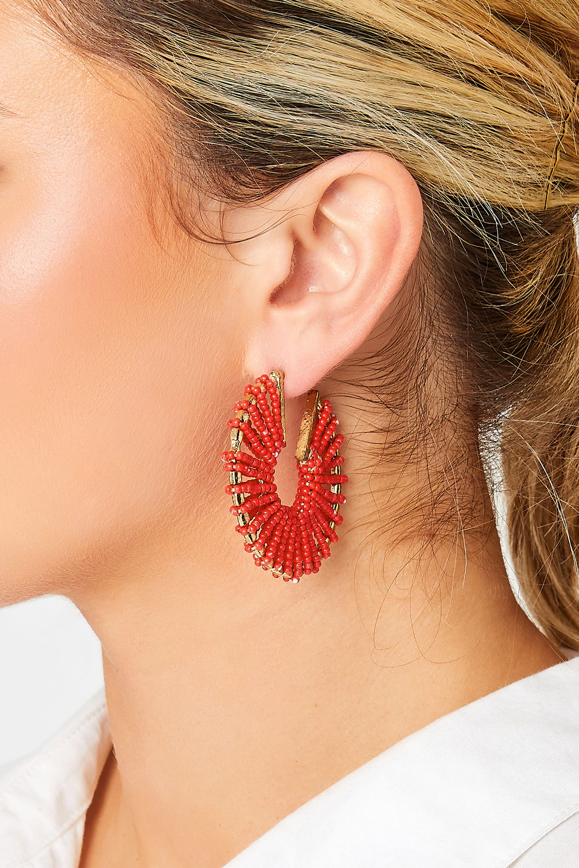 Yours Gold Tone & Red Seed Bead Hoop Earrings