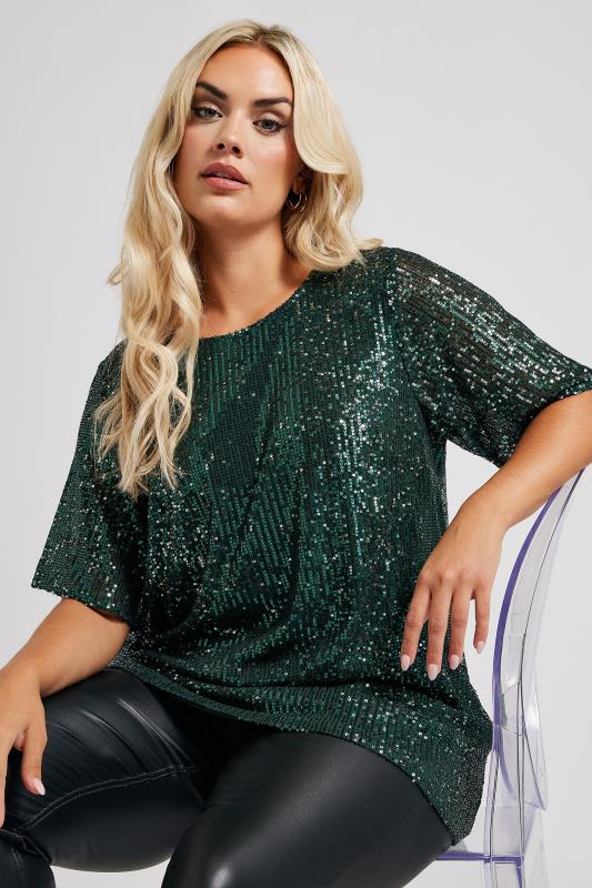 Yours London YOURS LONDON Curve Emerald Green Sequin Swing Top