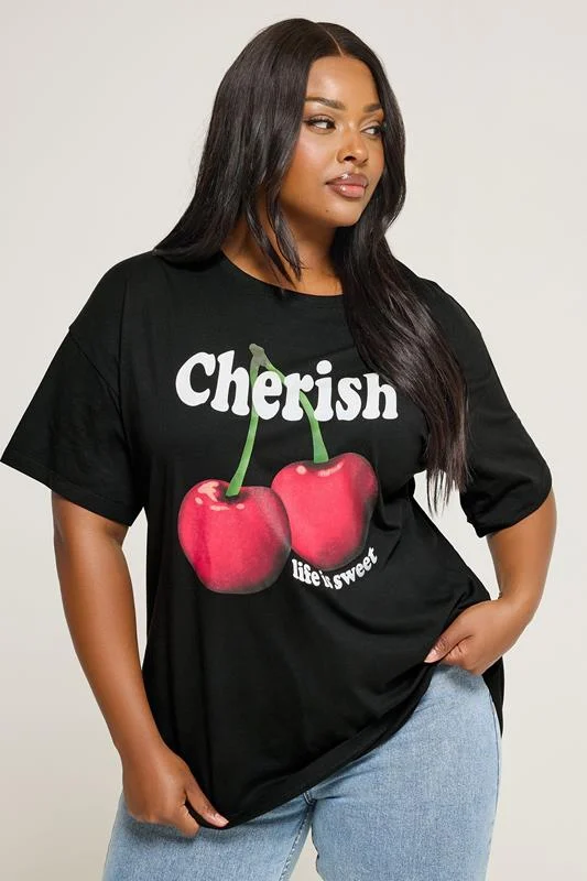 Yours YOURS Curve Black 'Cherish' Cherry Slogan T-Shirt