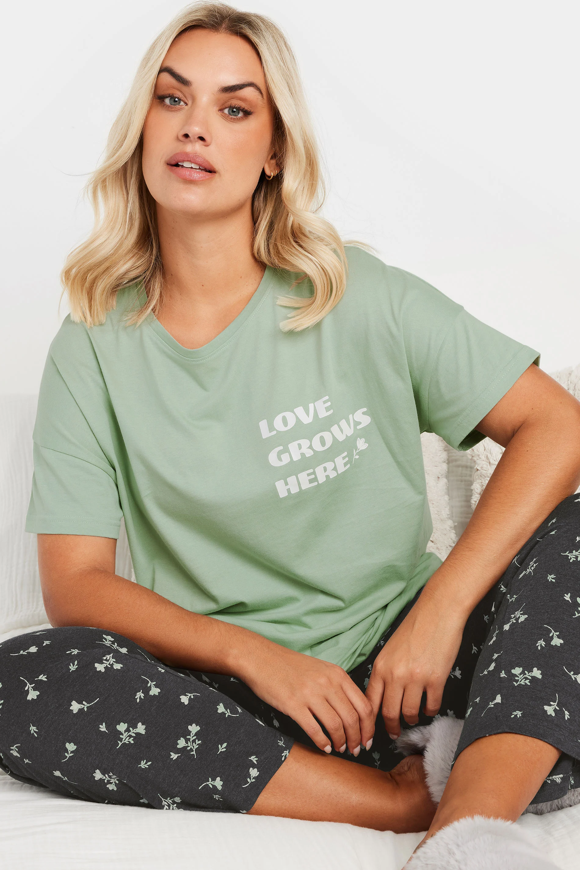 Yours YOURS Curve Green 'Love Grows Here' Wide Leg Pyjama Set