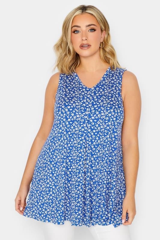 Yours YOURS Curve Blue Floral Print Pleat Front Vest Top