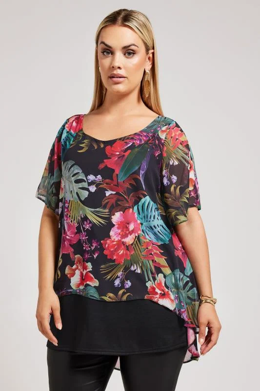 Yours London YOURS LONDON Curve Black Tropical Print Blouse