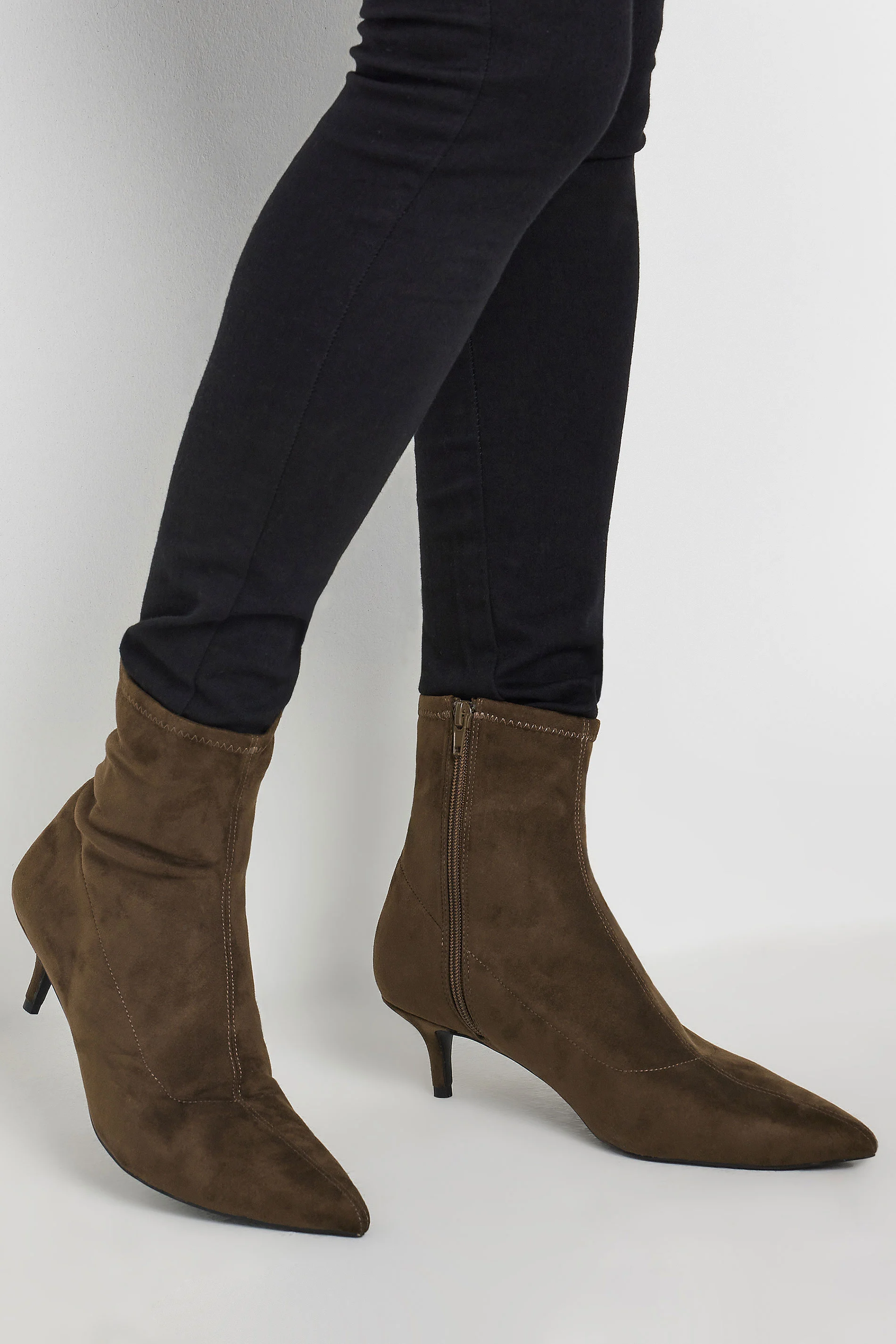 LTS LTS Chocolate Brown Faux Suede Kitten Heeled Boots In Standard Fit