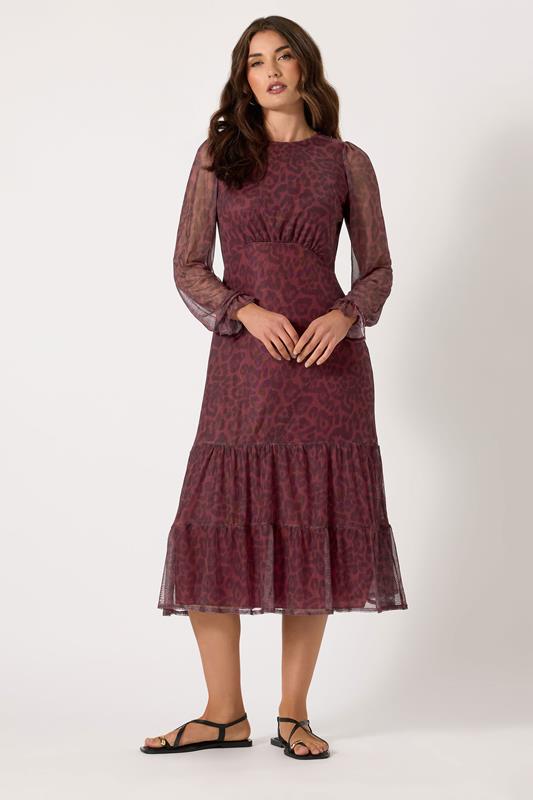 LTS LTS Tall Burgundy Red Mesh Leopard Print Tiered Dress