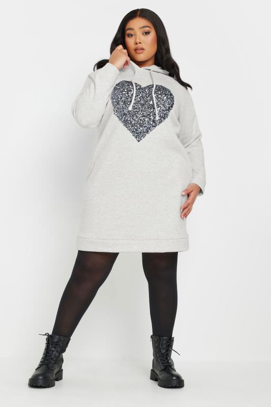 Yours YOURS Curve Grey Sequin Embellished Heart Hoodie Dress