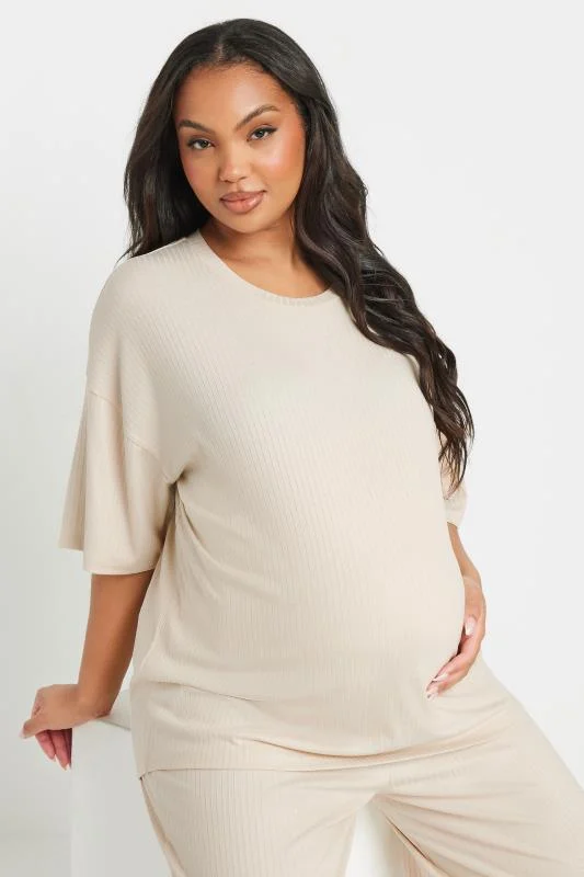 Bump It Up BUMP IT UP MATERNITY Curve Cream Premium Ribbed Wide Leg Trousers