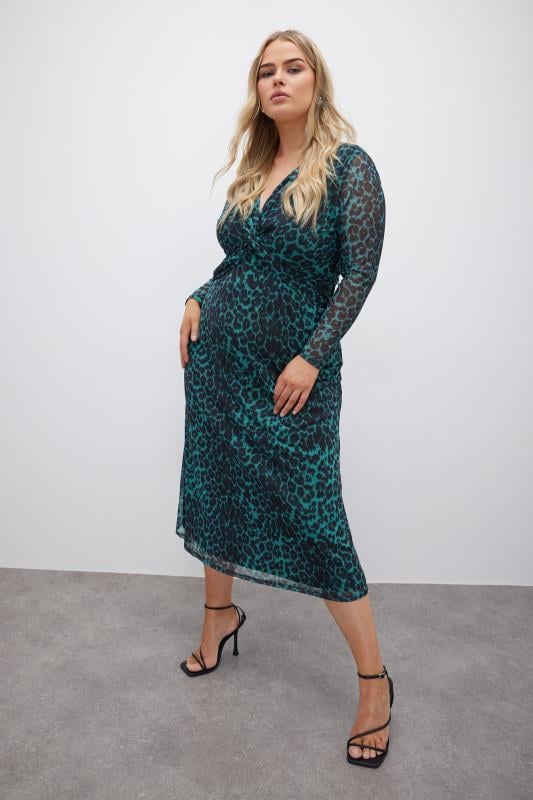 Yours London YOURS LONDON Curve Green Leopard Print Mesh Midaxi Dress