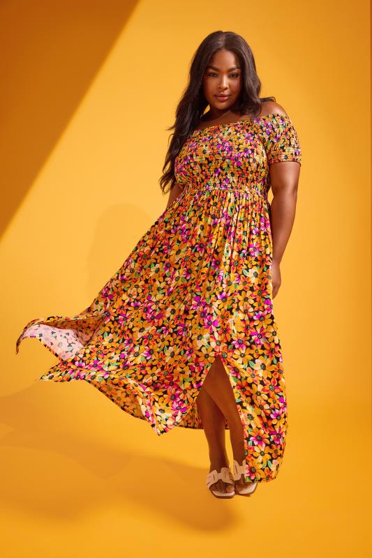 Yours YOURS Curve Orange Floral Print Shirred Bardot Maxi Dress