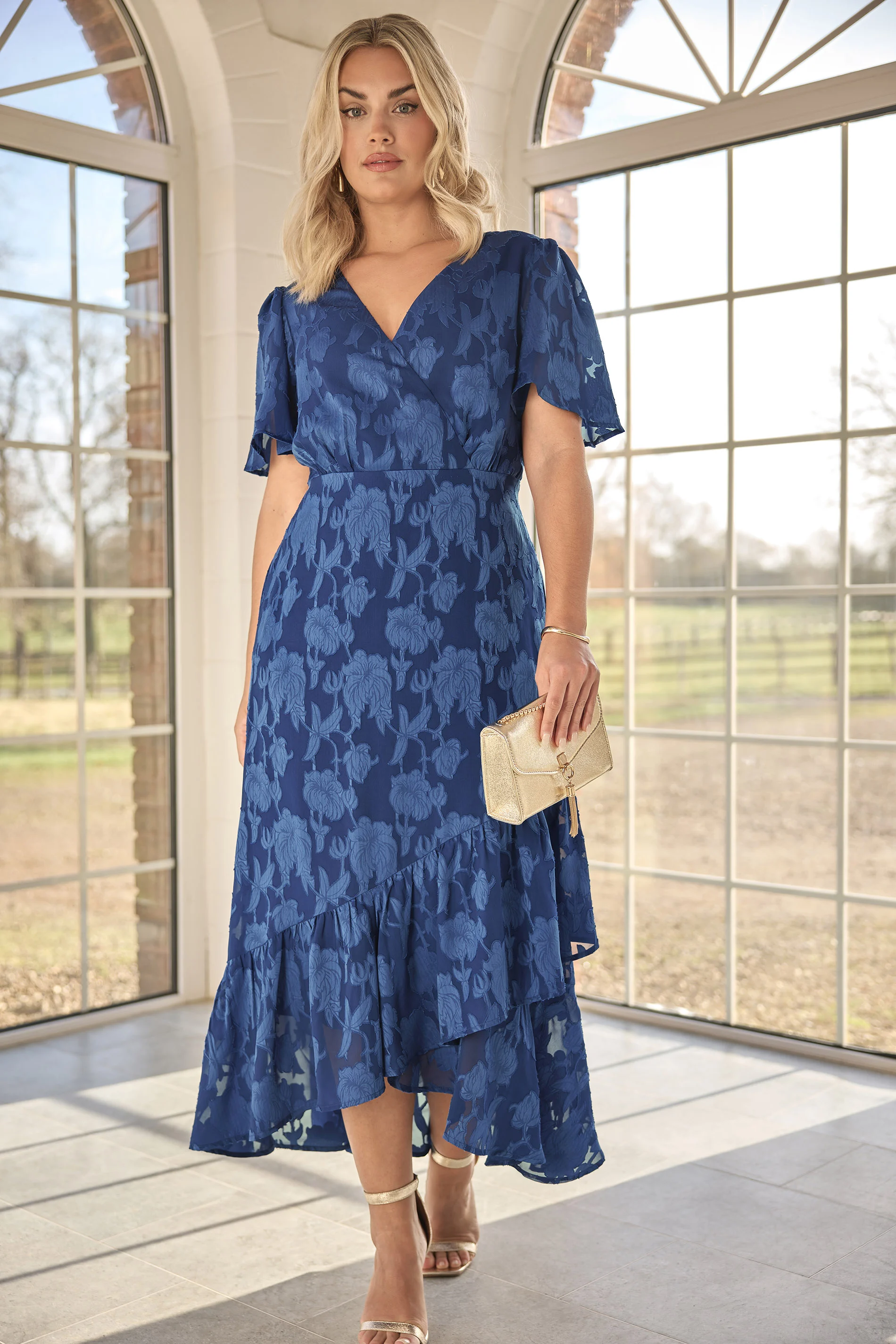 Yours London YOURS LONDON Curve Navy Blue Jacquard Floral Wrap Ruffle Dress