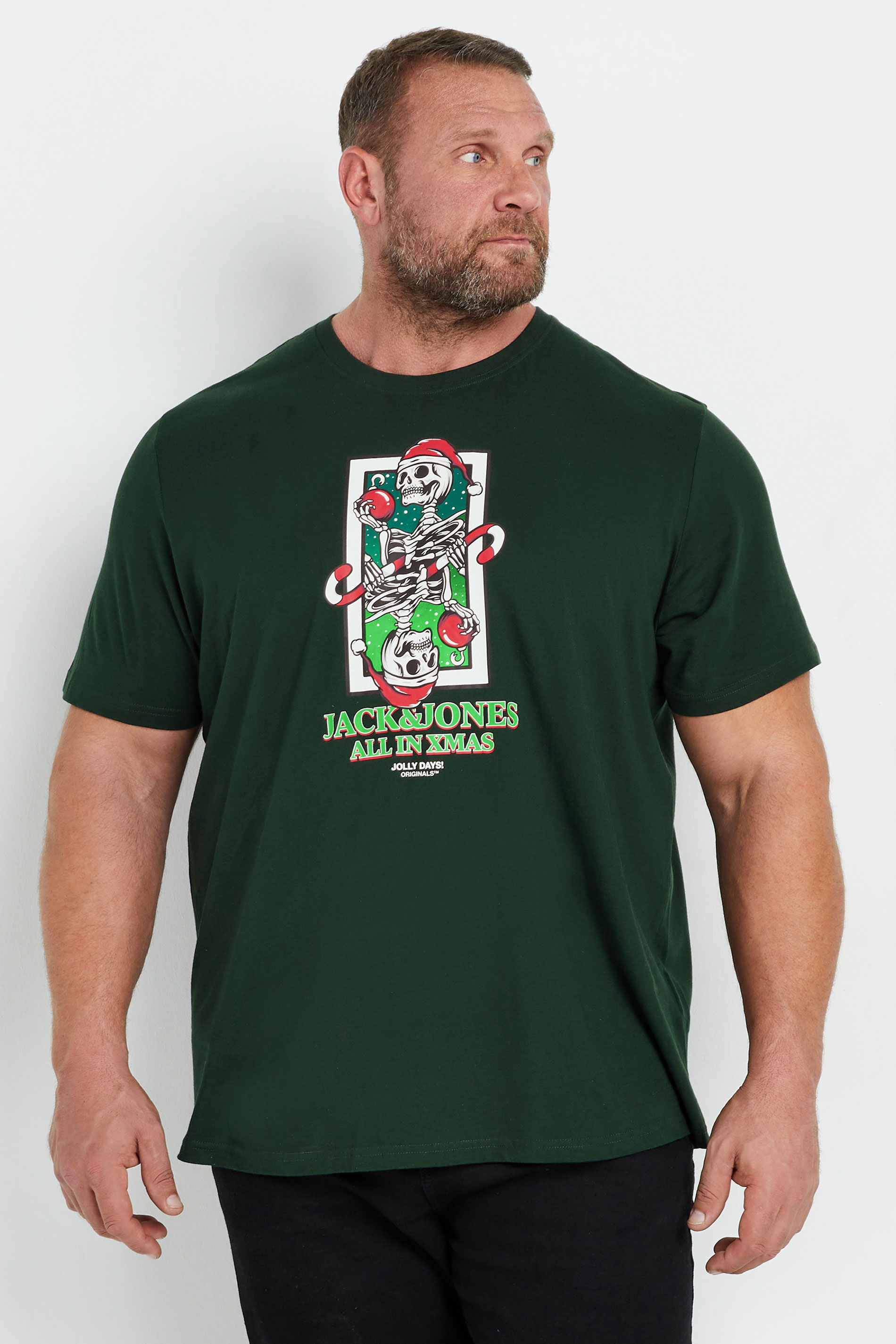 Jack & Jones JACK & JONES Big & Tall Green Christmas Skull Printed T-Shirt