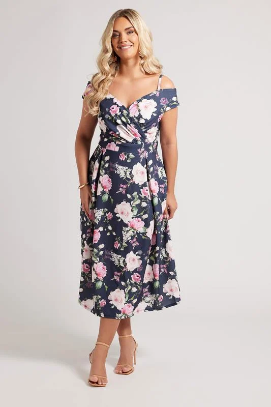 Yours London YOURS LONDON Curve Navy Blue Floral Print Cold Shoulder Dress