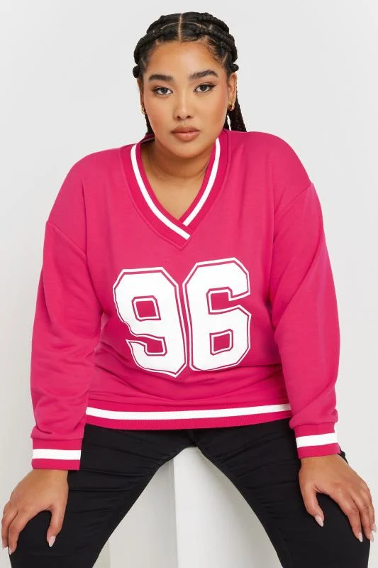 Yours YOURS Curve Hot Pink '96' Slogan Varsity Sweatshirt