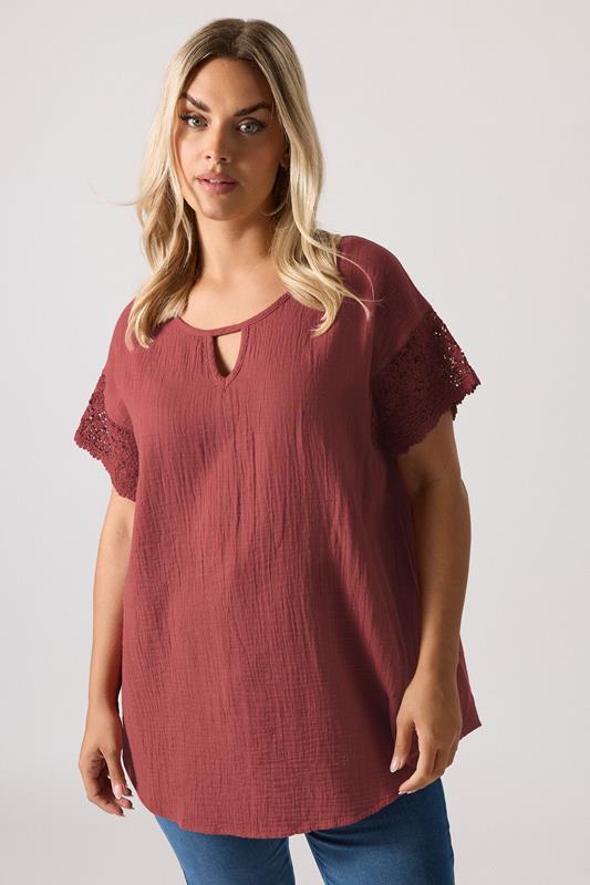 Yours YOURS Curve Rust Orange Cheesecloth Crochet Top