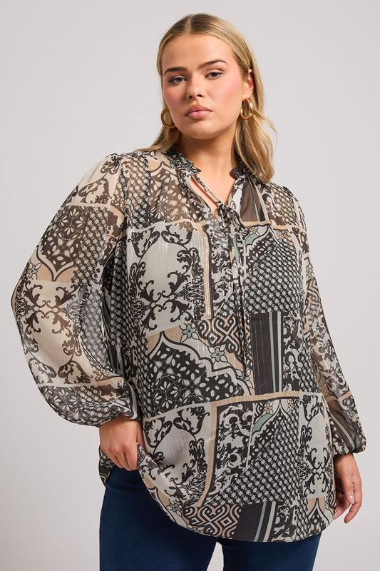 Yours London YOURS LONDON Curve Natural Brown Scarf Print Metallic Blouse