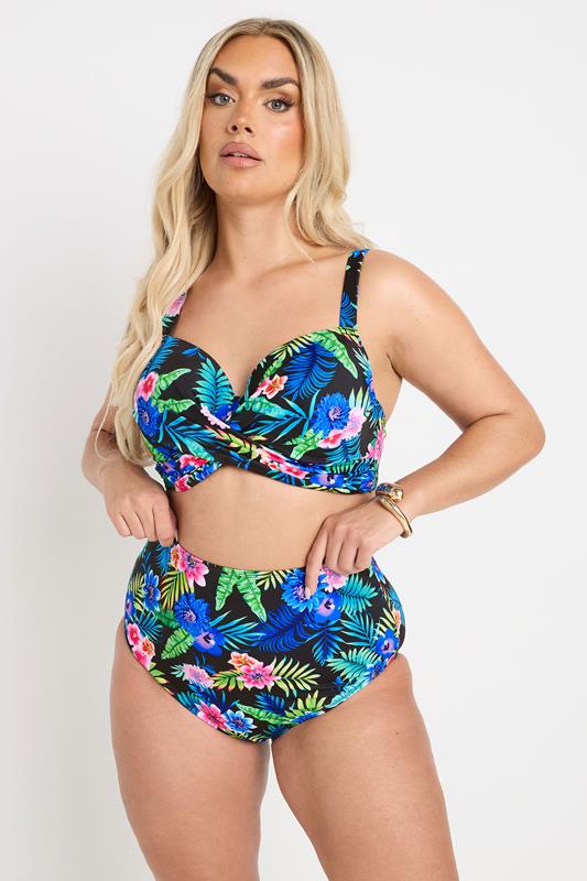 Yours YOURS Curve Black Tropical Floral Print High Waisted Bikini Briefs
