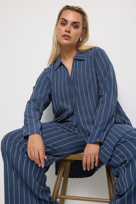Yours YOURS Curve Navy Blue Textured Pinstripe Shirt