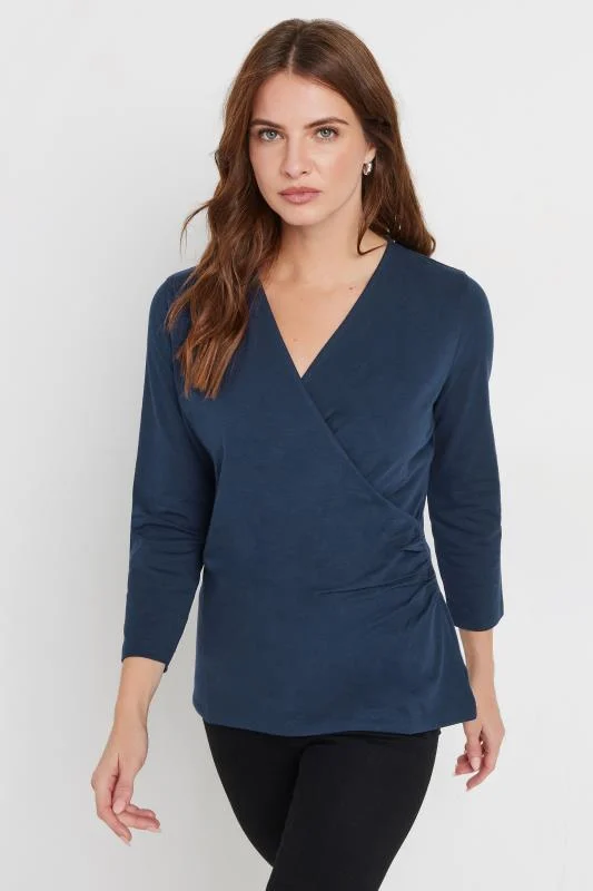 M&Co Womens M&Co Navy Blue 3/4 Sleeve Wrap Top