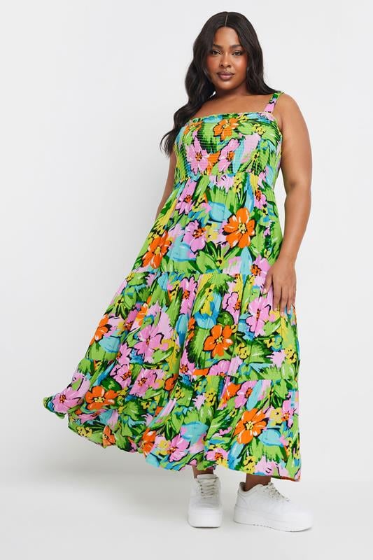 Yours YOURS Curve Green Tropical Print Tiered Maxi Dress