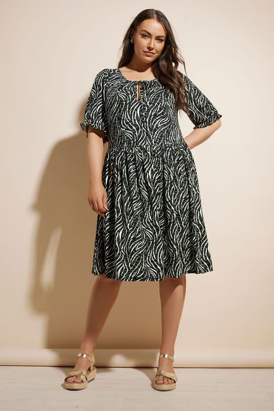 Yours YOURS Curve Black & Green Abstract Print Tie Neck Midi Dress