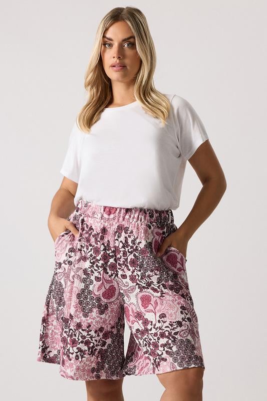 Yours YOURS Curve Pink Paisley Print Textured Shorts