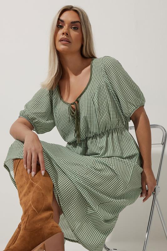 Limited Collection LIMITED COLLECTION Curve Khaki Green Check Bow Front Midi Dress