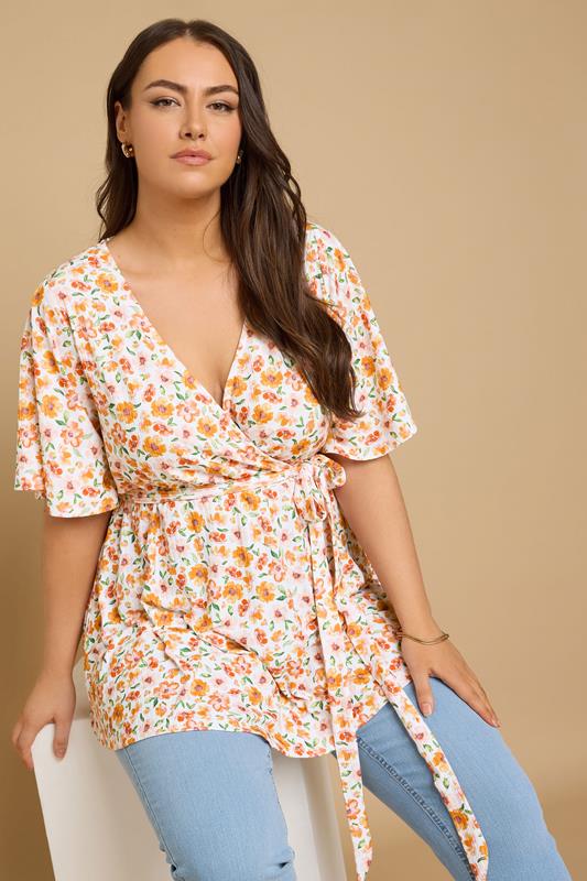 Yours YOURS Curve Orange Floral Print Ribbed Wrap Top