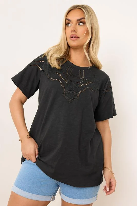 Yours YOURS Curve Black Crochet Trim T-Shirt