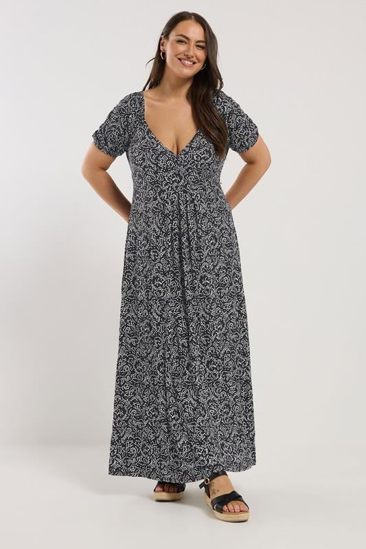 Yours YOURS Curve Black Abstract Swirl Print Wrap Maxi Dress