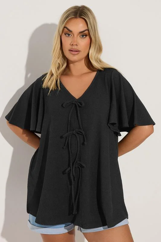 Yours YOURS Curve Black Bow Front Angel Sleeve Top