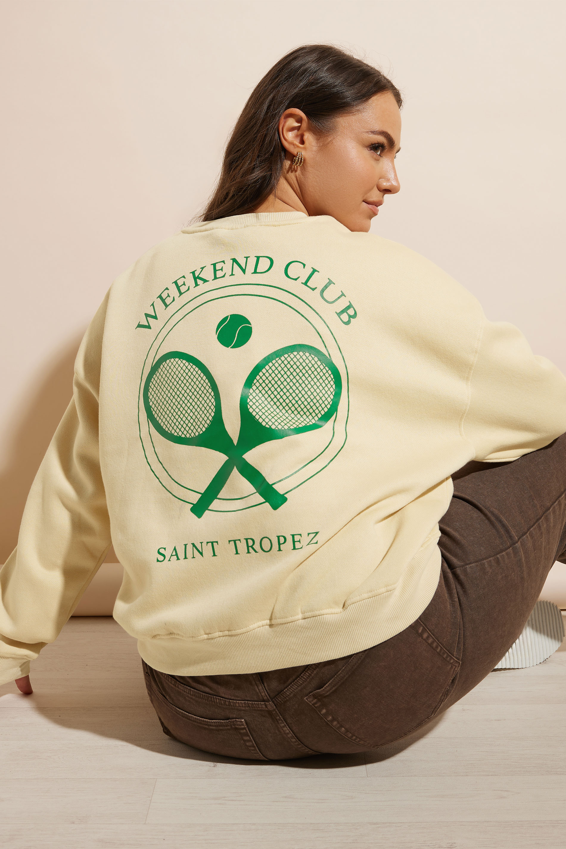 Yours YOURS Curve Cream 'Weekend Club' Tennis Back Print Sweatshirt