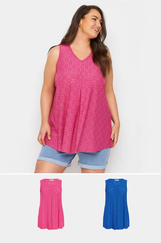 Yours 2 PACK Pink & Blue Broderie Anglaise Swing Vest Tops