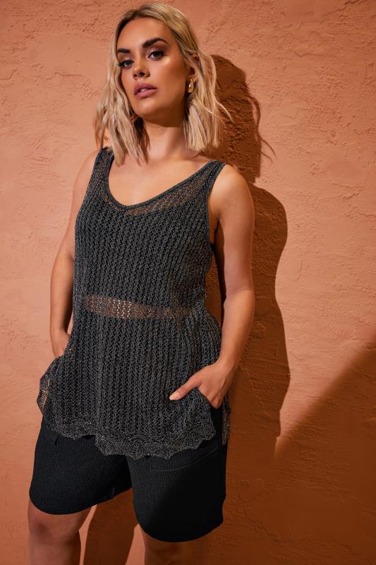 Yours YOURS Curve Black & Silver Metallic Crochet Vest Top