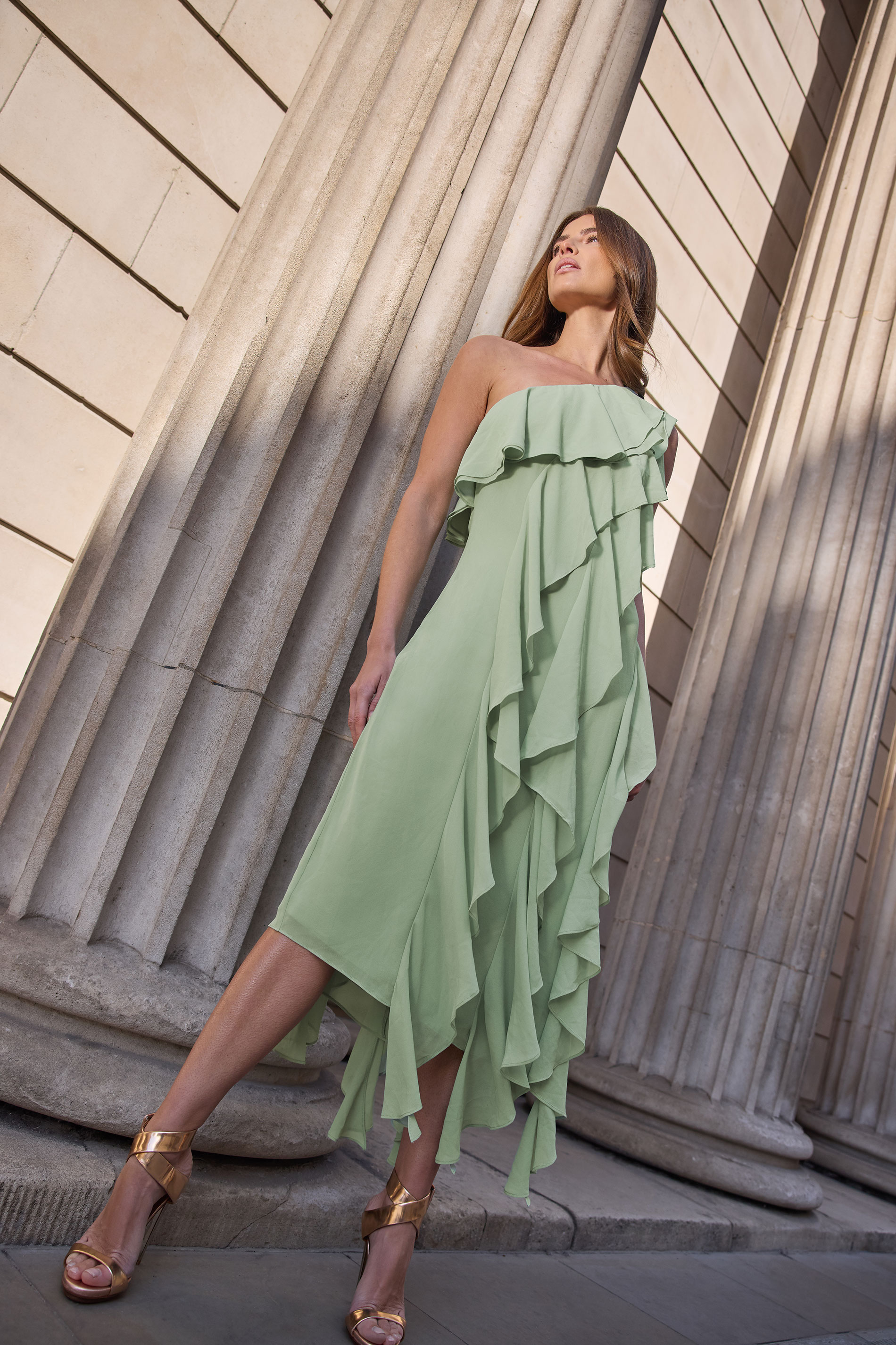 Star by Julien Macdonald STAR Sage Green One Shoulder Ruffle Tiered Dress