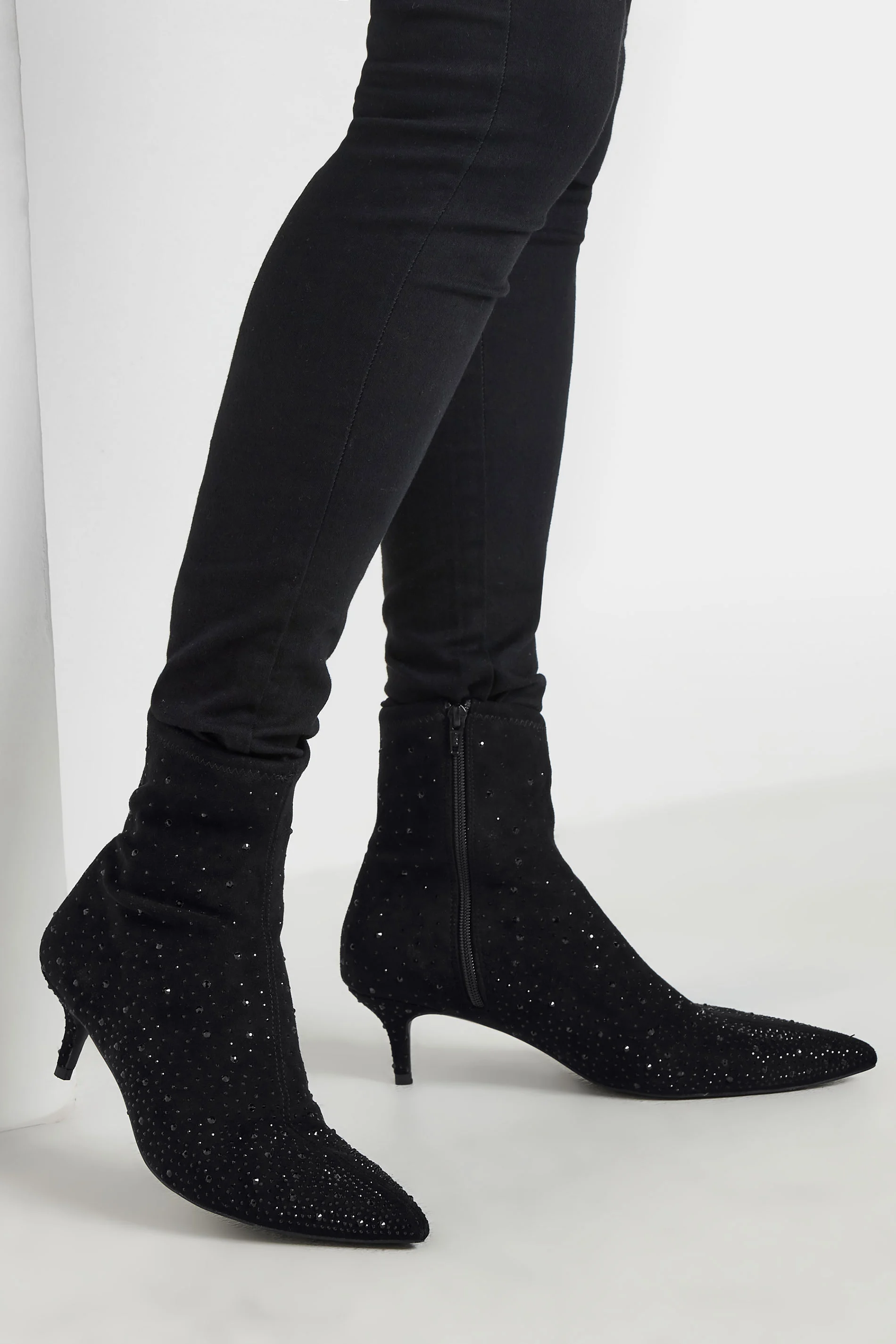 LTS LTS Black Faux Suede Diamante Kitten Heeled Boots In Standard Fit
