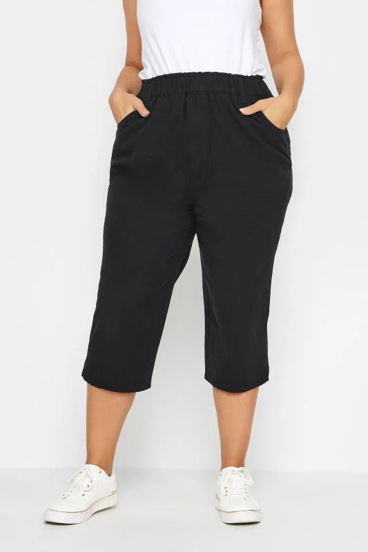 Yours YOURS Curve Black Elasticated Cool Cotton Cropped Trousers