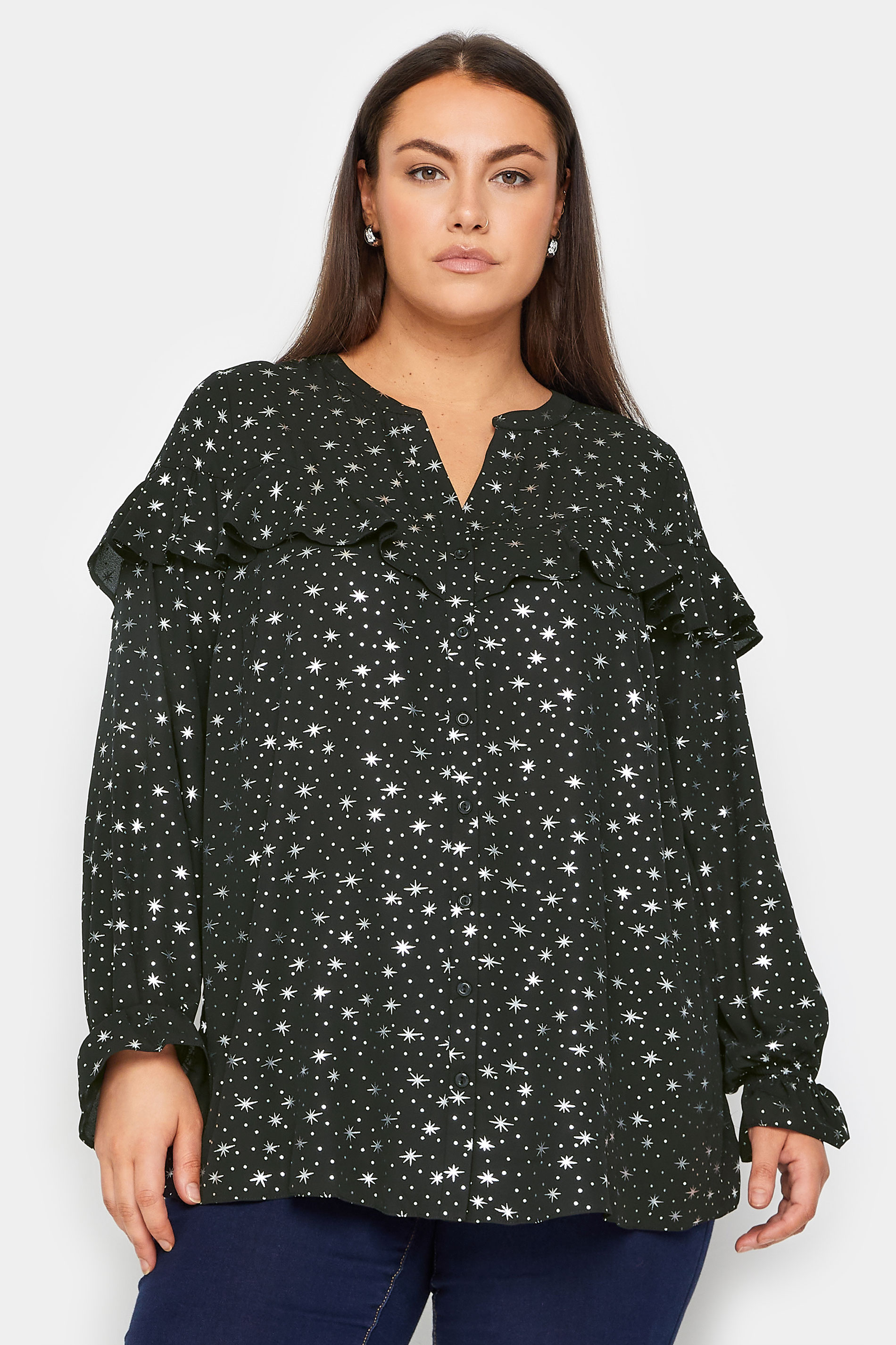 Evans Evans Black Star Print Ruffle Shirt
