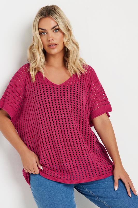 Yours YOURS Curve Pink Crochet Short Sleeve Top